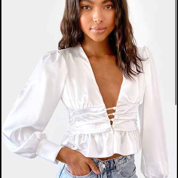 White Satin Ruched Button Waist Blouse - Picture 2 of 11